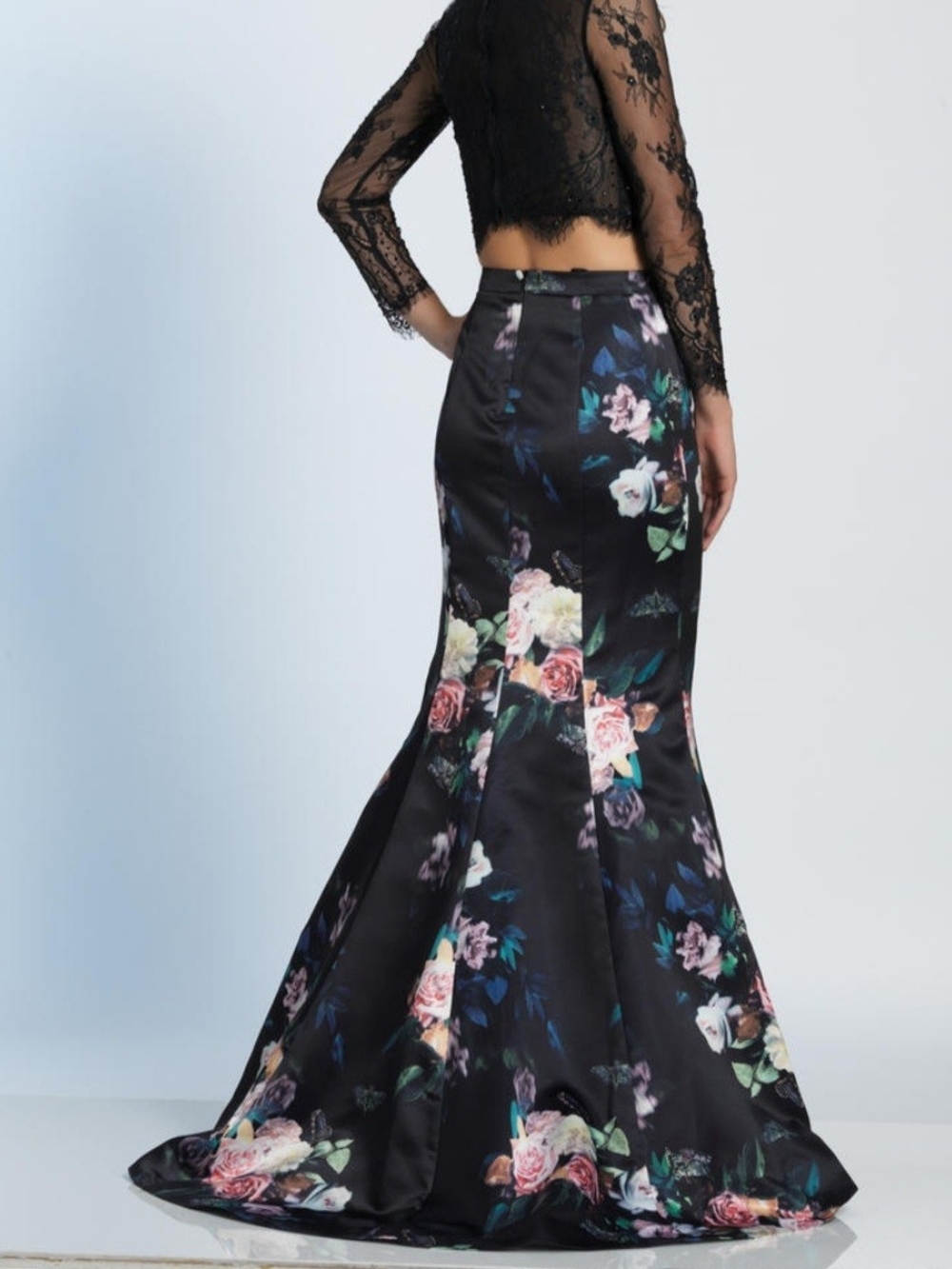 Dave & Johnny Sz 7/8 Black Floral Butterfly Satin Maxi Mermaid Skirt